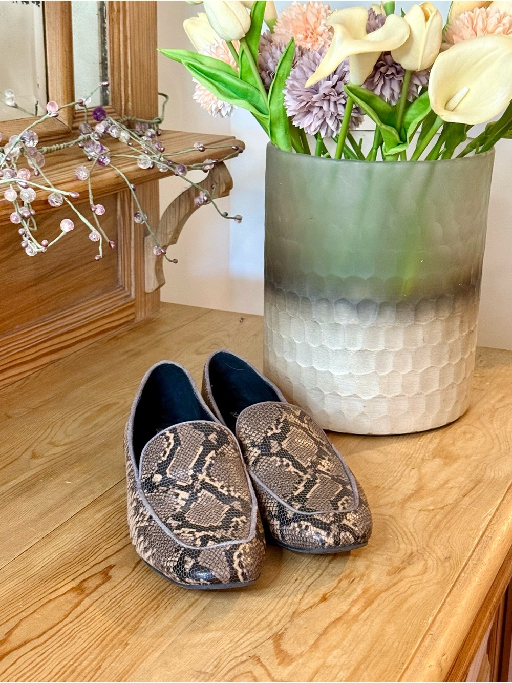 Donald J. Pliner Taupe Snake-Print Slip-On Loafers 7.5M